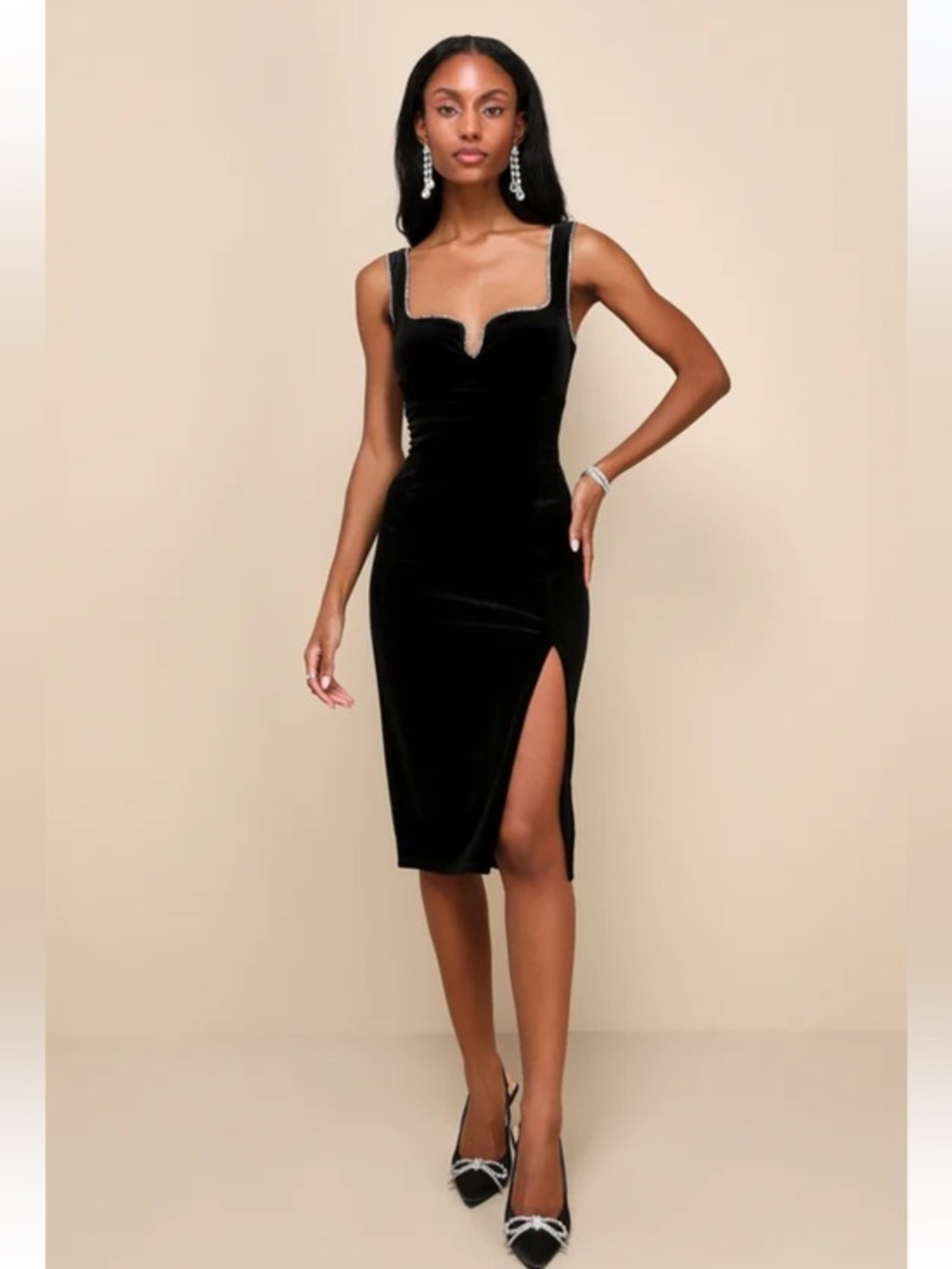 NWT Lulus Posh Sparkle Black Velvet Rhinestone Notched Midi Dress